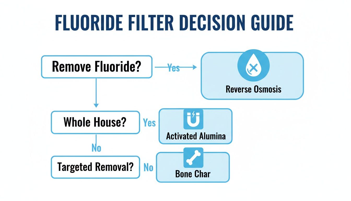 Fluoride filter decision guide flowchart presenting reverse osmosis, activated alumina, and bone char options.