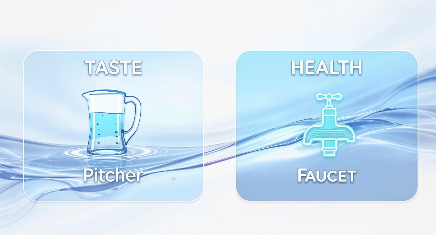 An infographic decision tree comparing water filters for taste (pitcher) versus health (faucet).