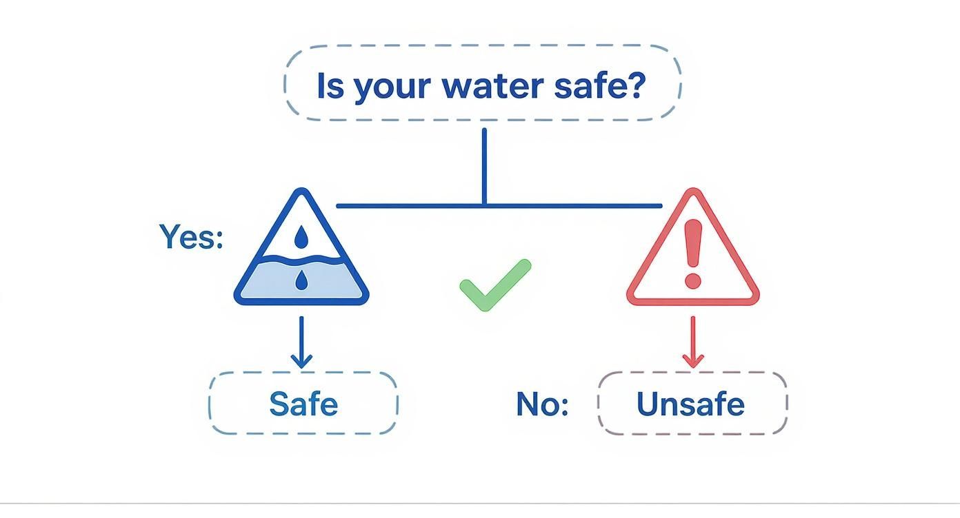 A flowchart asking 'Is your water safe?' leading to 'Safe' for clean water and 'Unsafe' for polluted water.