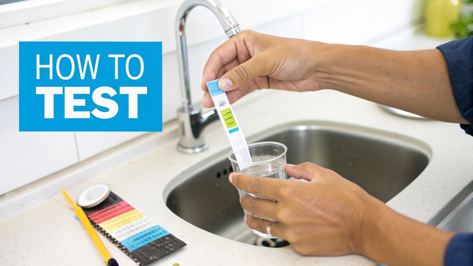 Person using a liquid reagent kit to test tap water for chlorine.