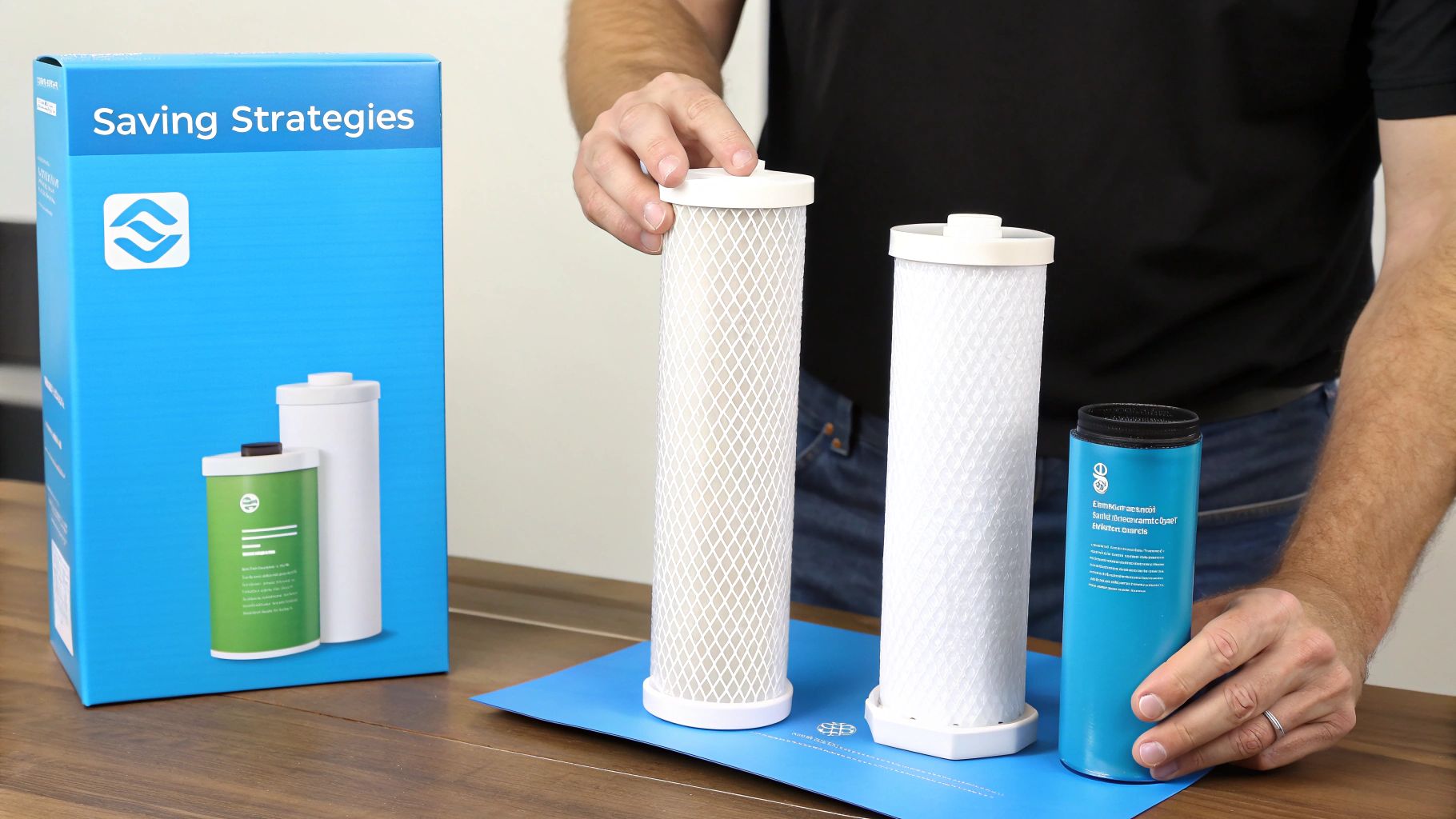 A hand holding a new water filter cartridge, ready for installation