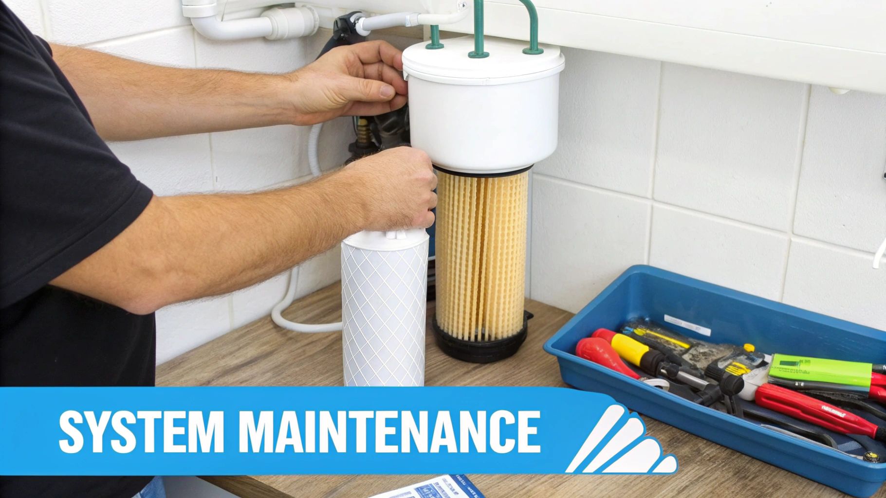 A person's hands are replacing a water filter in a home filtration system during maintenance.