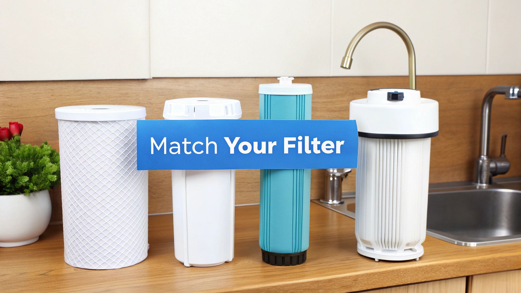Various water filters on a kitchen counter, with a blue banner saying 'Match Your Filter'.