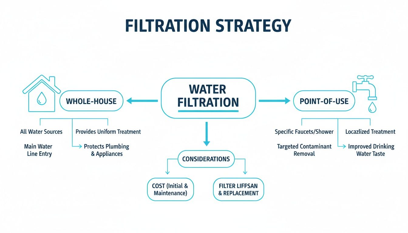 Flowchart detailing water filtration strategies: whole-house vs. point-of-use, with cost and maintenance considerations.