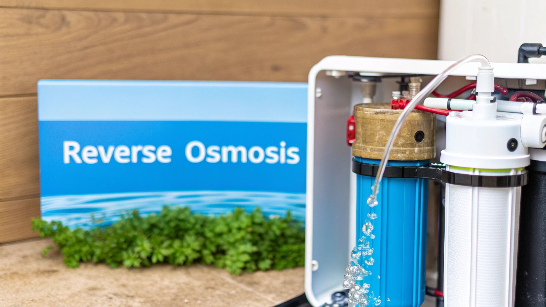 Reverse osmosis water filtration system with blue filter cartridges and brass fittings on countertop