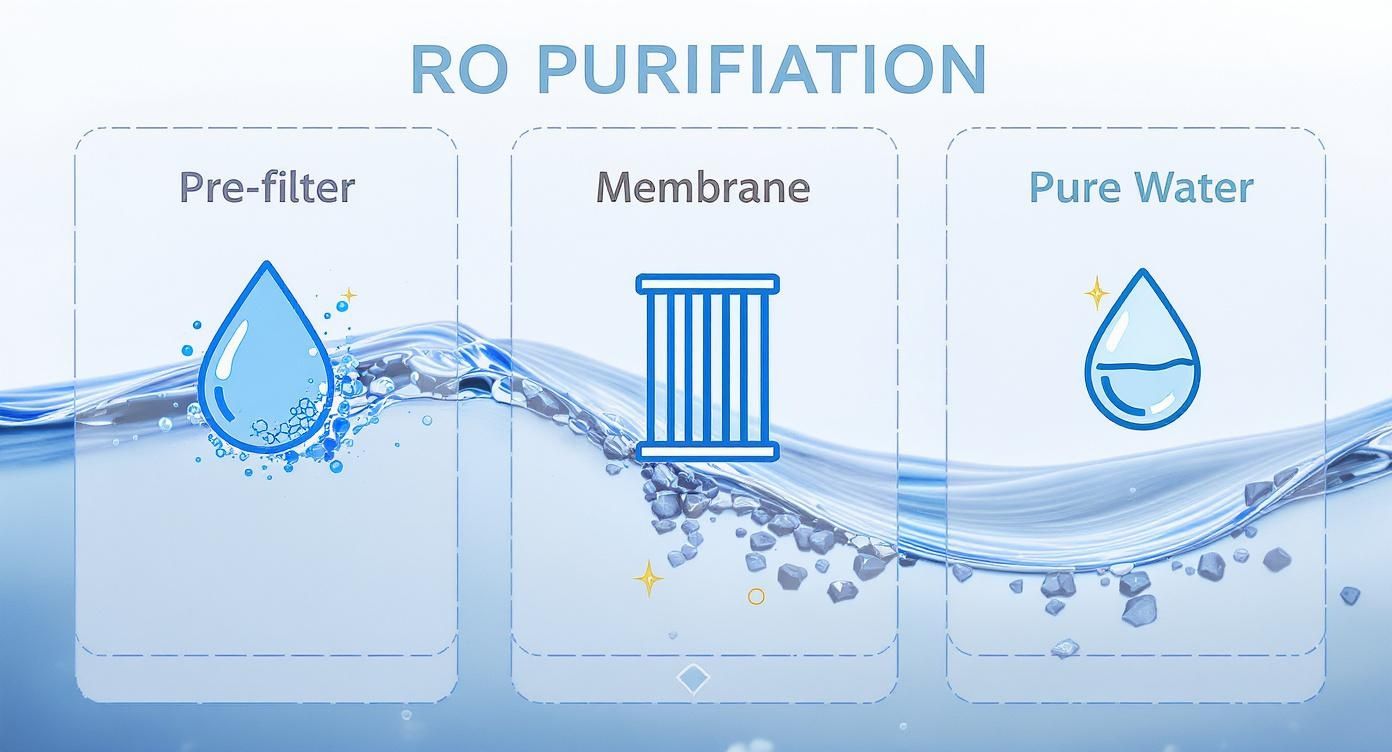 Three-stage reverse osmosis water purification system showing pre-filter, membrane filtration, and pure water output