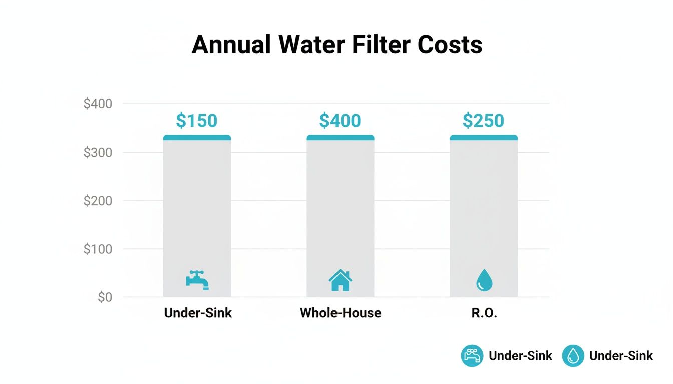 Bar chart illustrating annual water filter costs for Under-Sink, Whole-House, and R.O. systems.