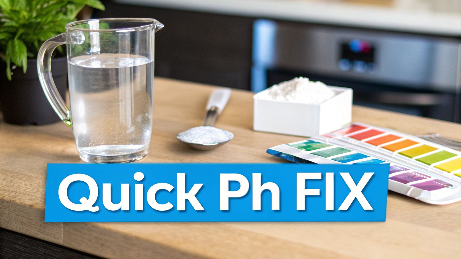 A pitcher of water, white powder, spoon, and a pH test strip chart on a kitchen counter for a quick pH fix.