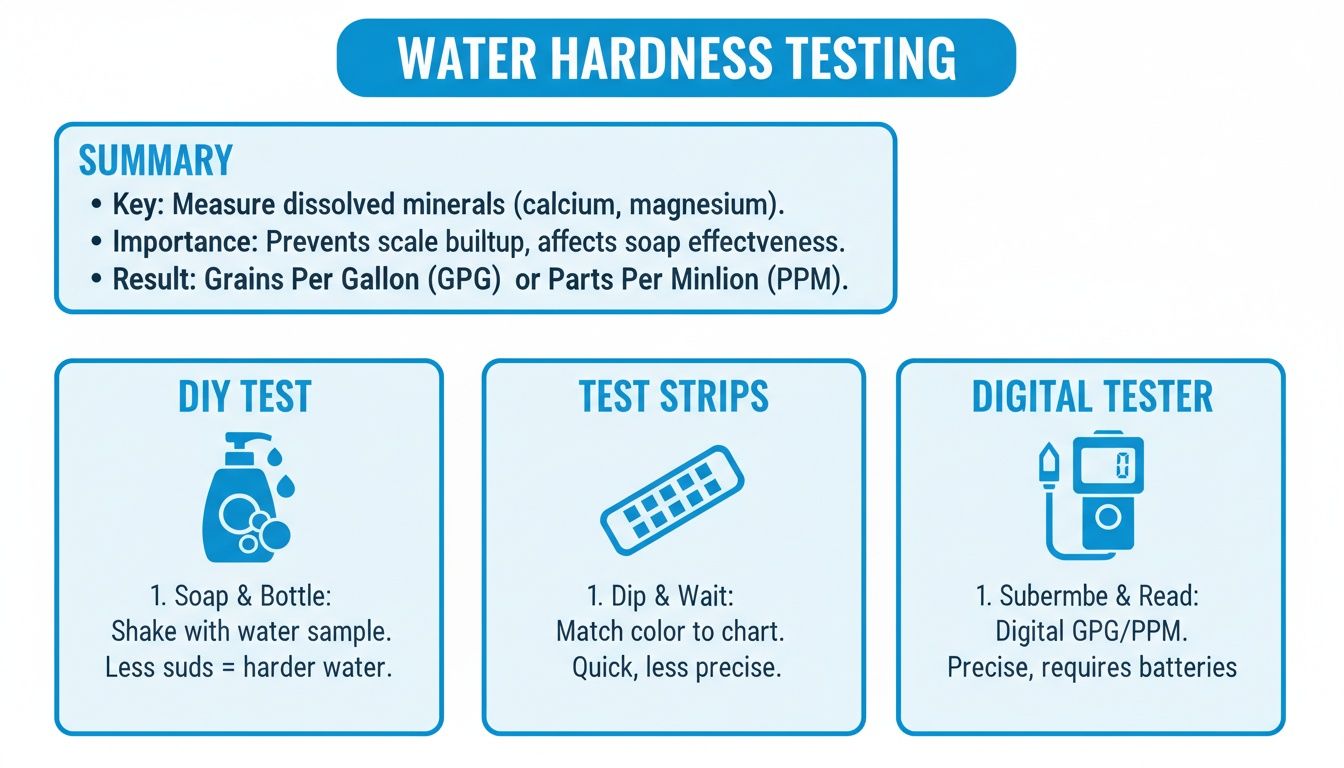 Infographic on water hardness testing, outlining a summary and three methods: DIY, test strips, and digital testers.