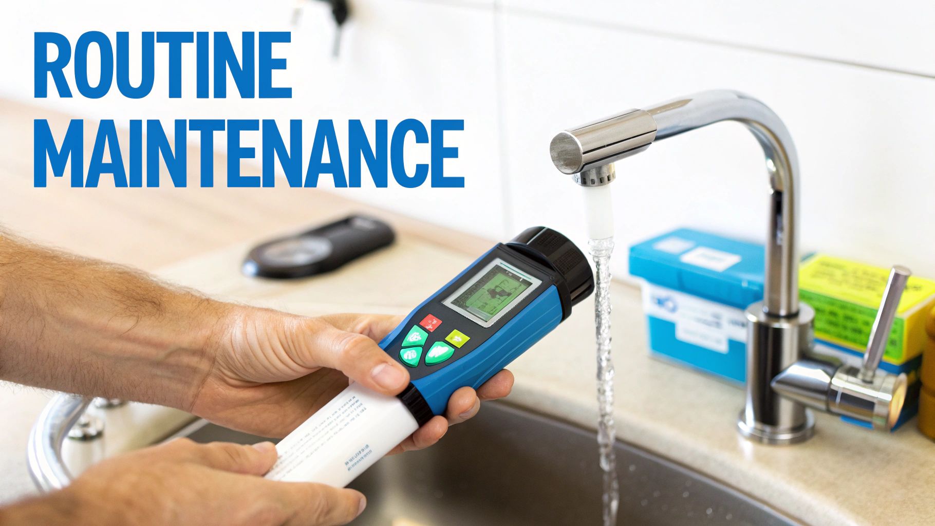 Hands hold a water testing device under a running kitchen faucet during routine maintenance.