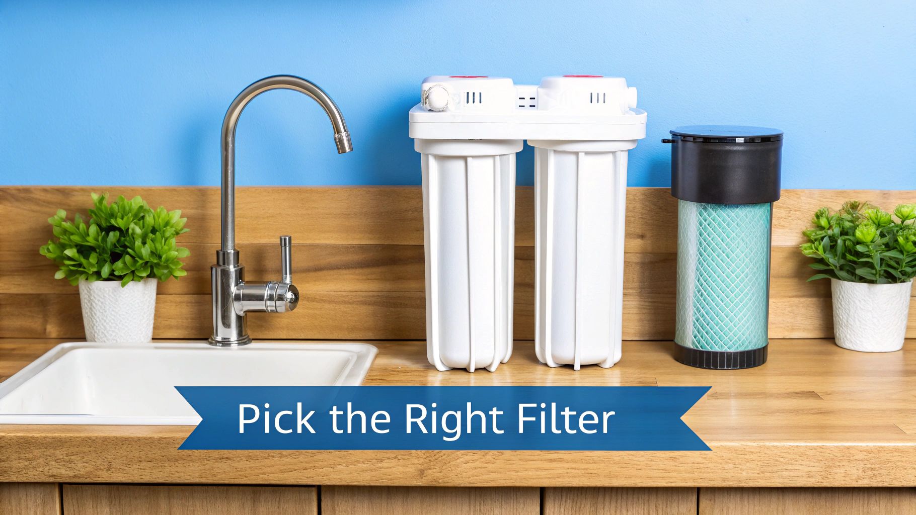 A kitchen counter displays a sink, faucet, and multiple water filtration systems, advising to 'Pick the Right Filter'.