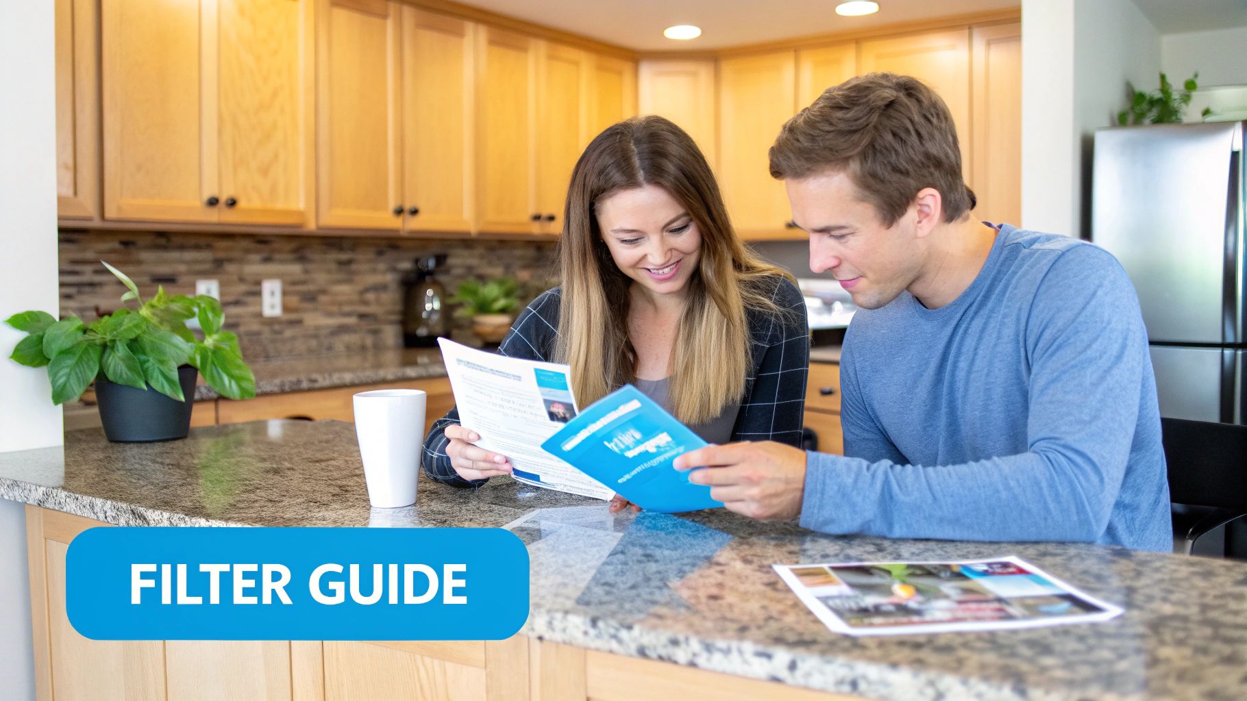 A person thoughtfully reviewing water filtration system options on a tablet in their kitchen.
