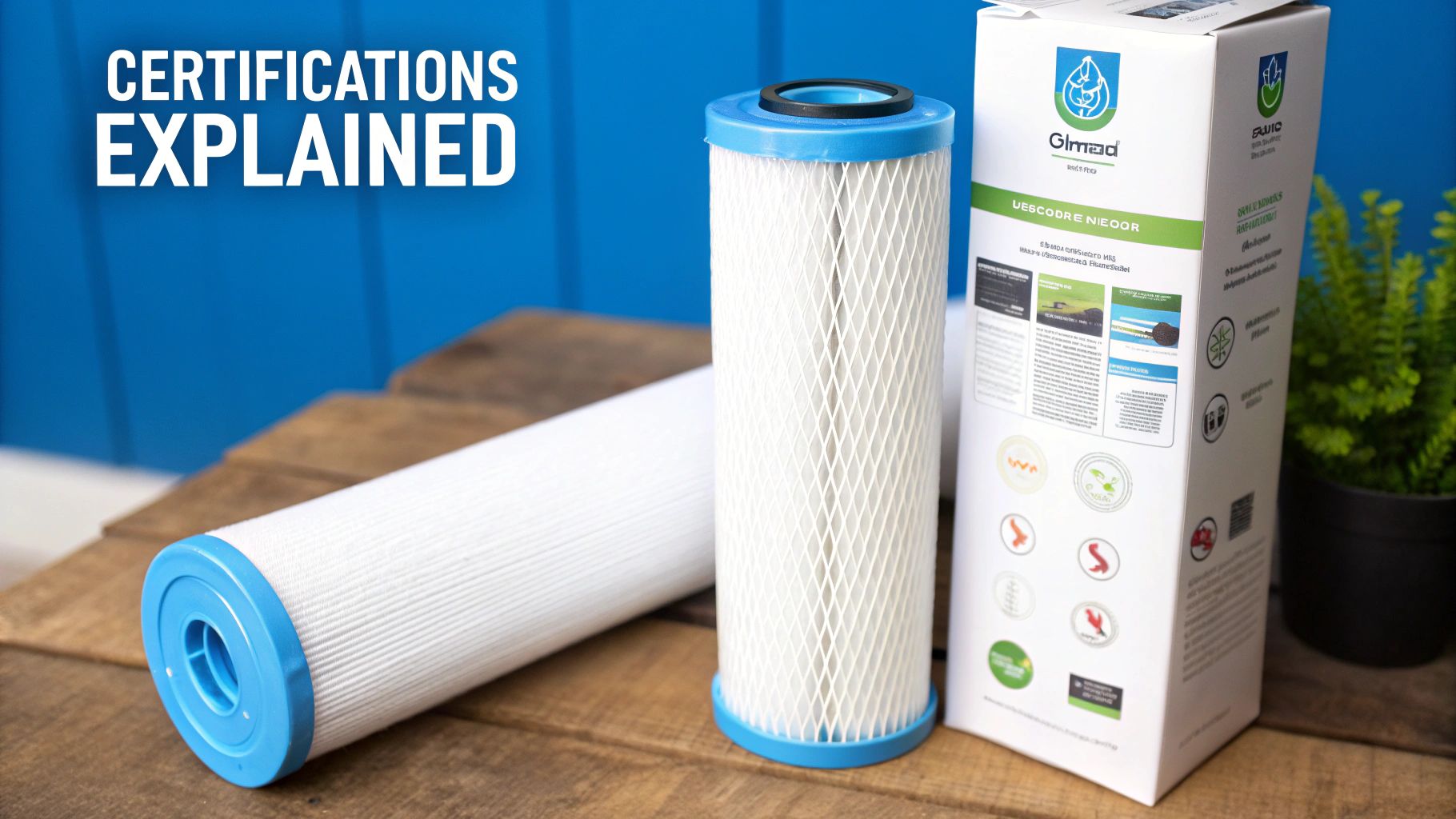 A close-up shot of a water filter cartridge showing its layers, with certification logos subtly visible on the packaging.