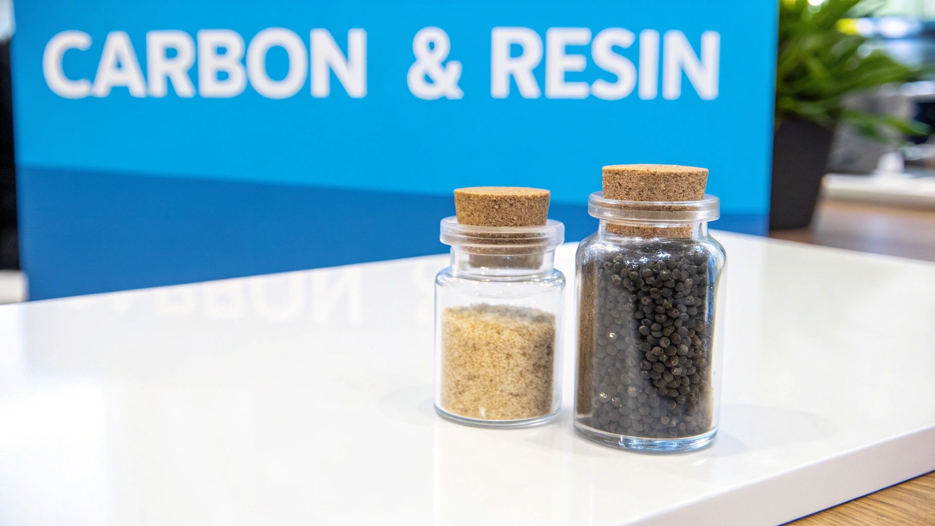 Two glass bottles containing light brown resin and black carbon granules for water filtration.
