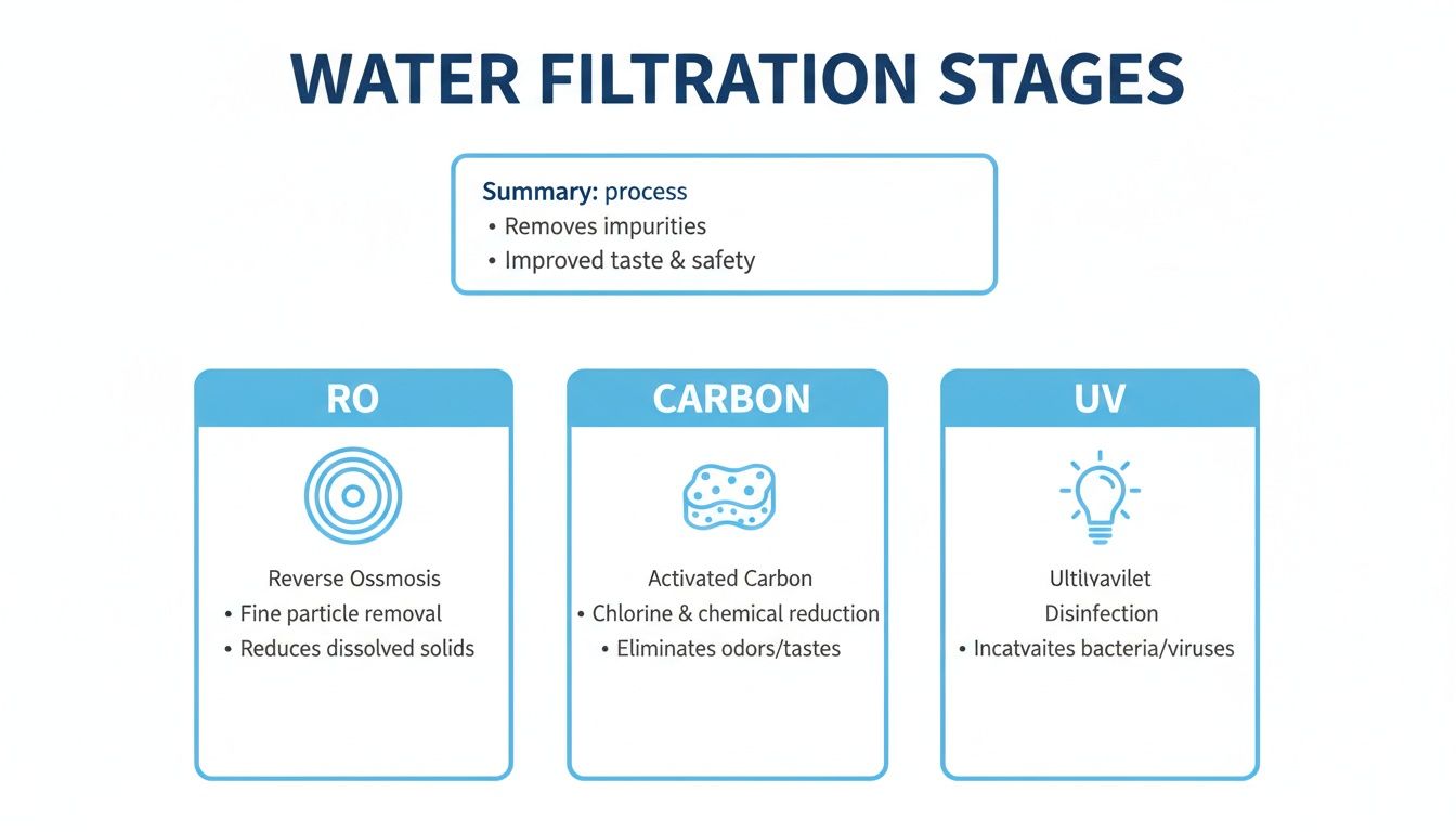 Infographic showing water filtration stages: Reverse Osmosis, Carbon, and UV for purification.