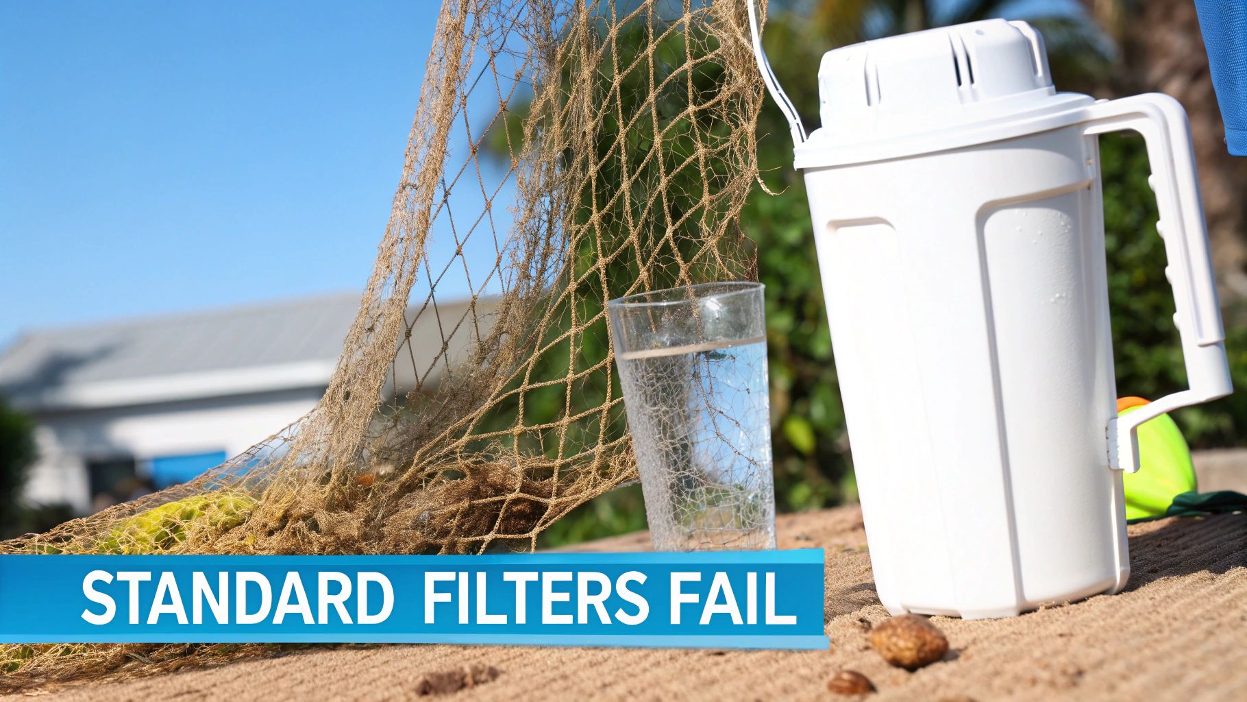 A white water filter pitcher and glass of water on sand, with a fishing net and a banner: "STANDARD FILTERS FAIL".