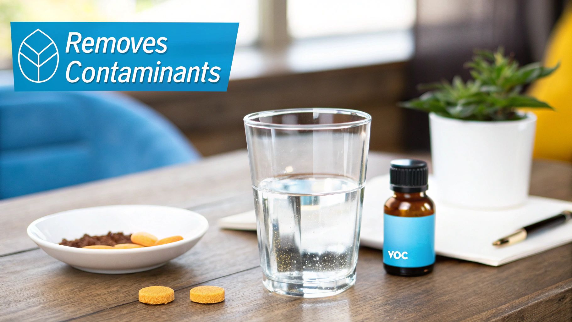 A clear glass of water, supplements, and a 'VOC' bottle on a wooden table, emphasizing contaminant removal.