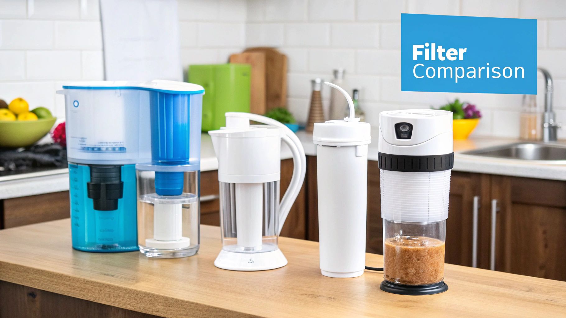 A person filling a glass of water from a countertop water filter system in their apartment kitchen.