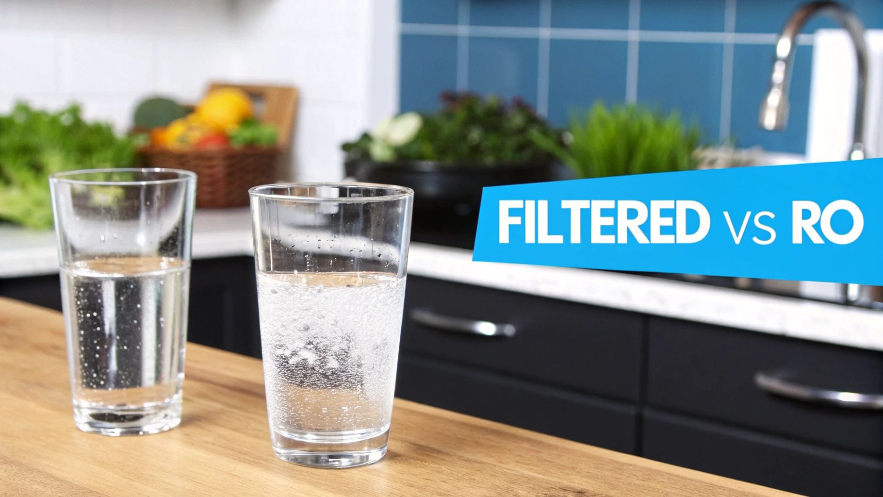 Two clear glasses of water on kitchen counter comparing filtered water versus reverse osmosis systems