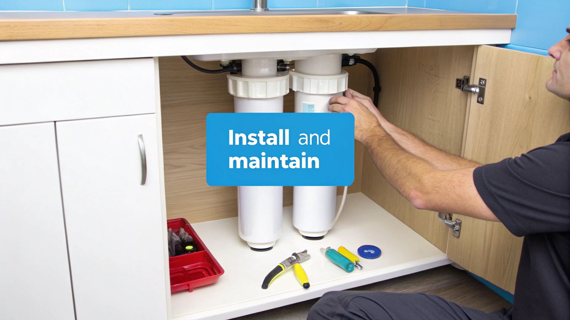 Man installing and maintaining a water filter system under a kitchen sink with tools.