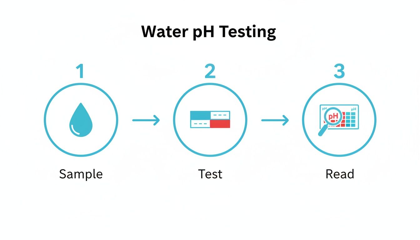A three-step diagram illustrates water pH testing: Sample collection, Test with a pH strip, and Read results.