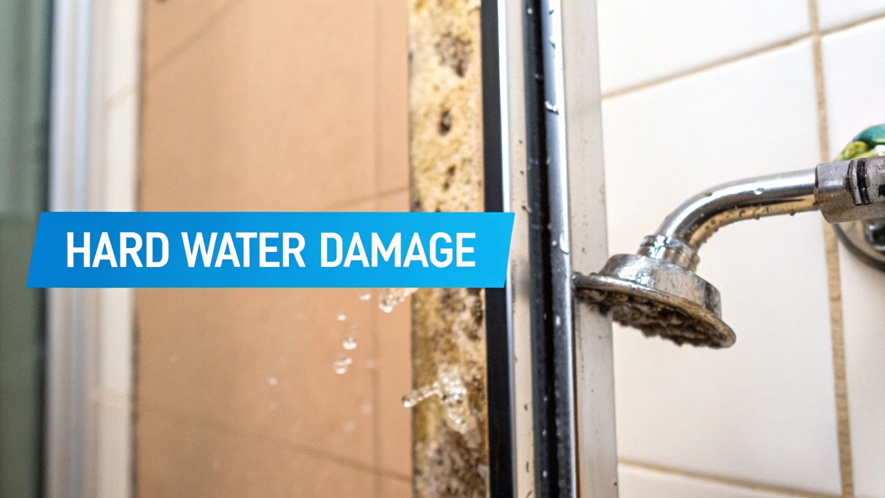 A close-up shows a shower head and door suffering from severe hard water damage and mineral buildup.