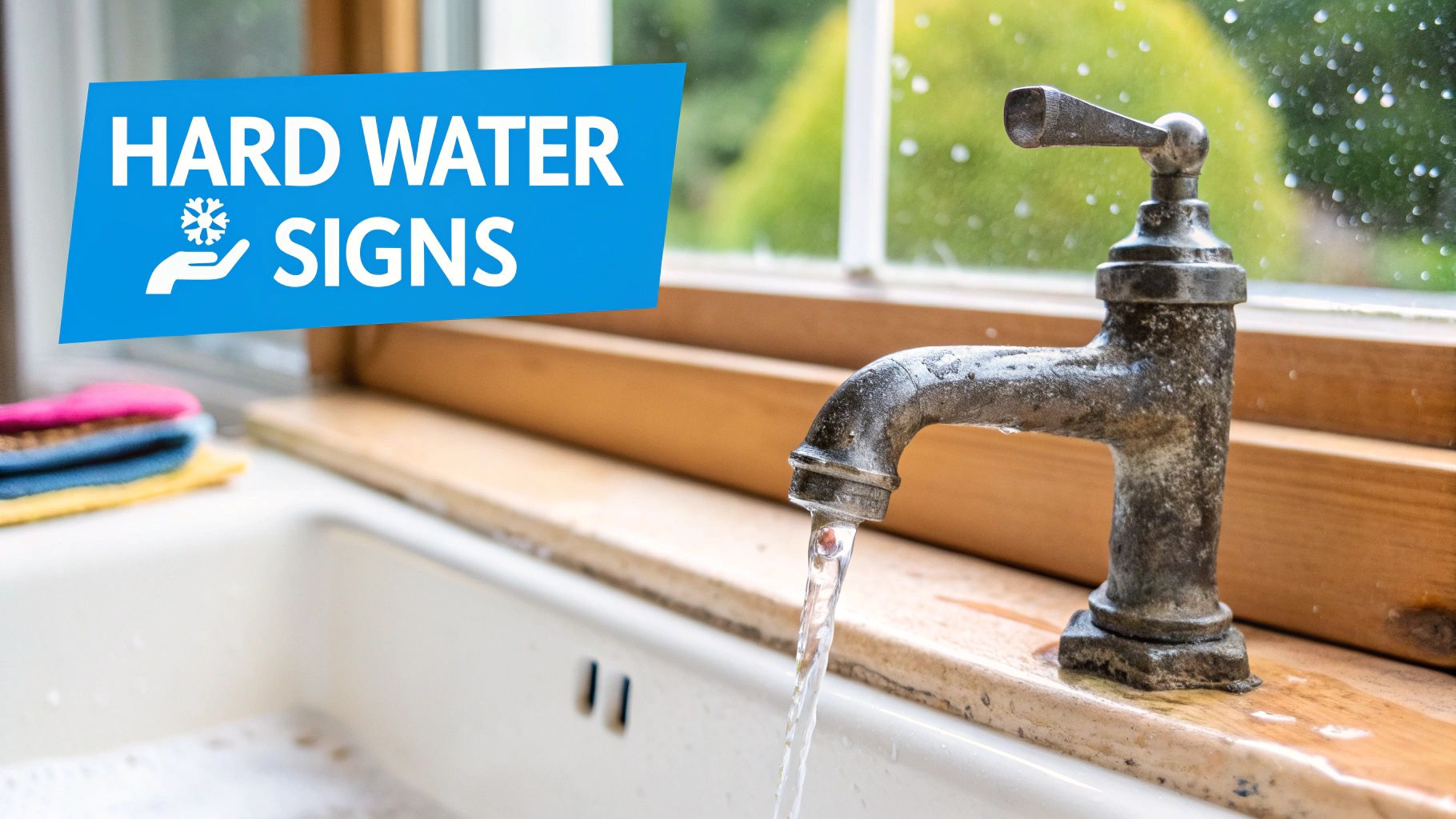An old faucet with running water in a kitchen sink, showing mineral deposits from hard water.