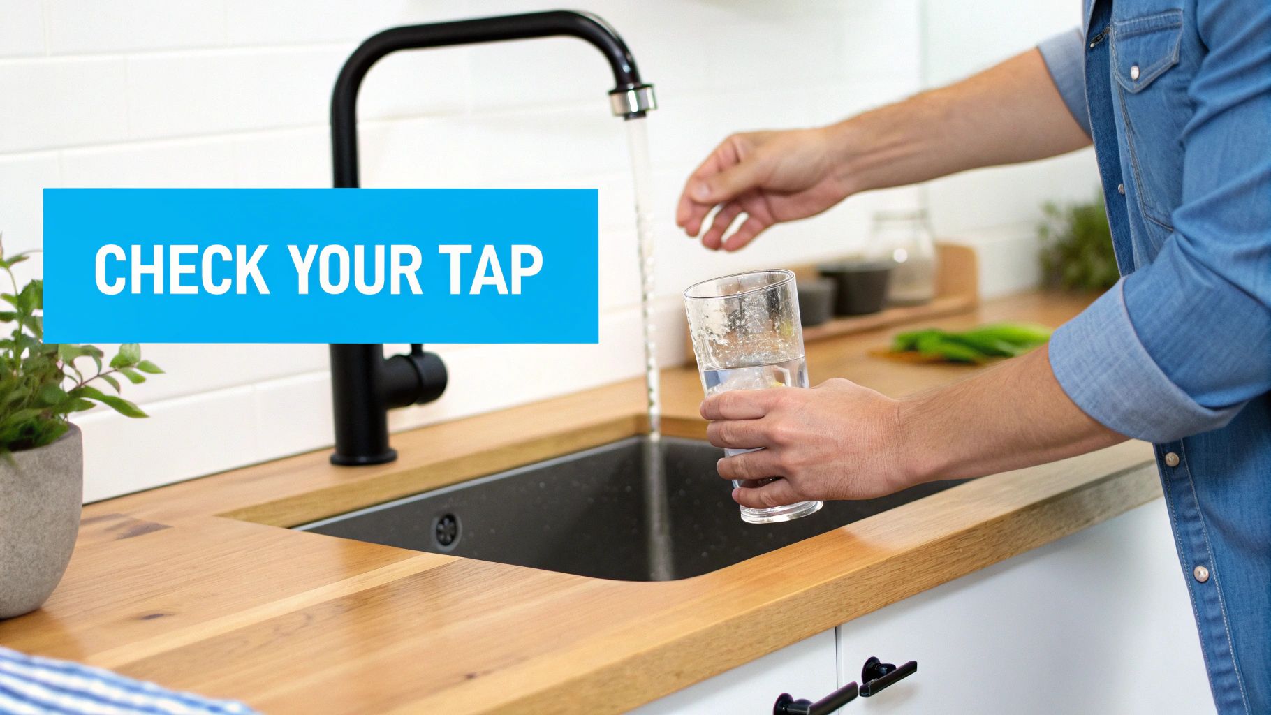 A person fills a glass with water from a modern kitchen tap, with a 'CHECK YOUR TAP' banner.