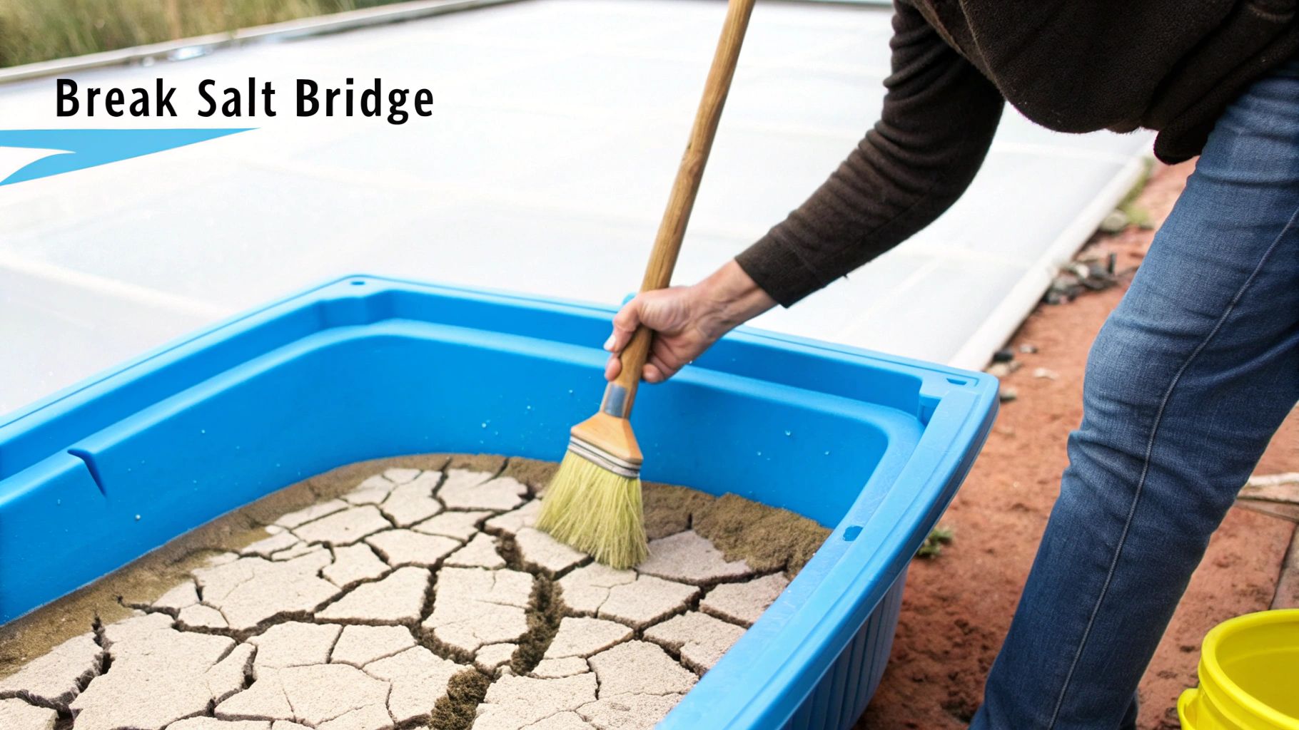 A person uses a brush to break up a cracked salt bridge in a blue water softener brine tank.