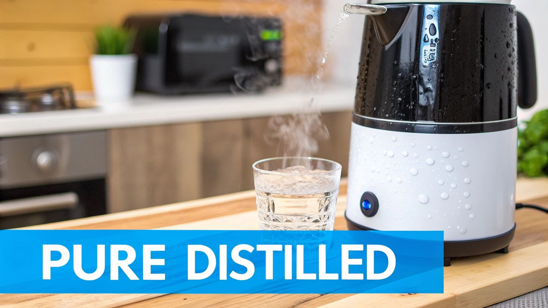 A home water distiller on a kitchen counter, showing the process of steam rising and condensing into a clean carafe.