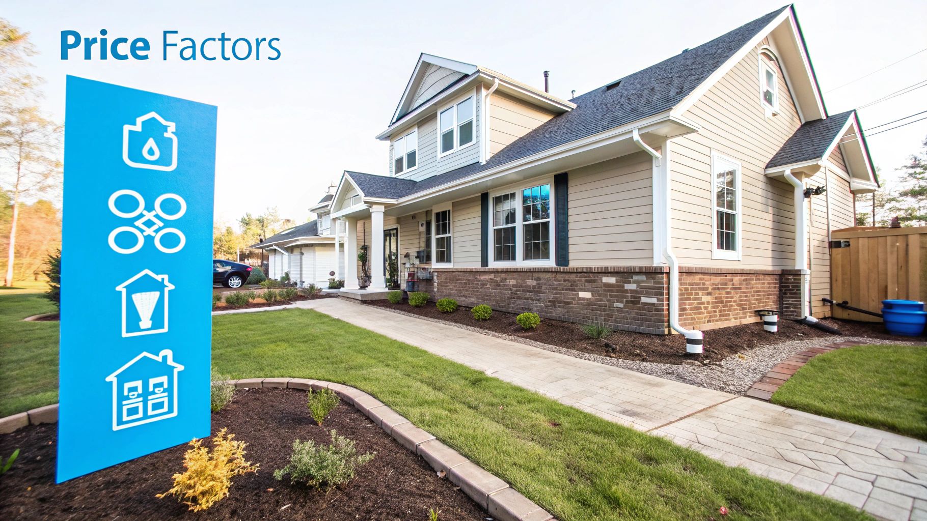 A modern house with a blue sign displaying 'Price Factors' and icons representing home systems, including water.