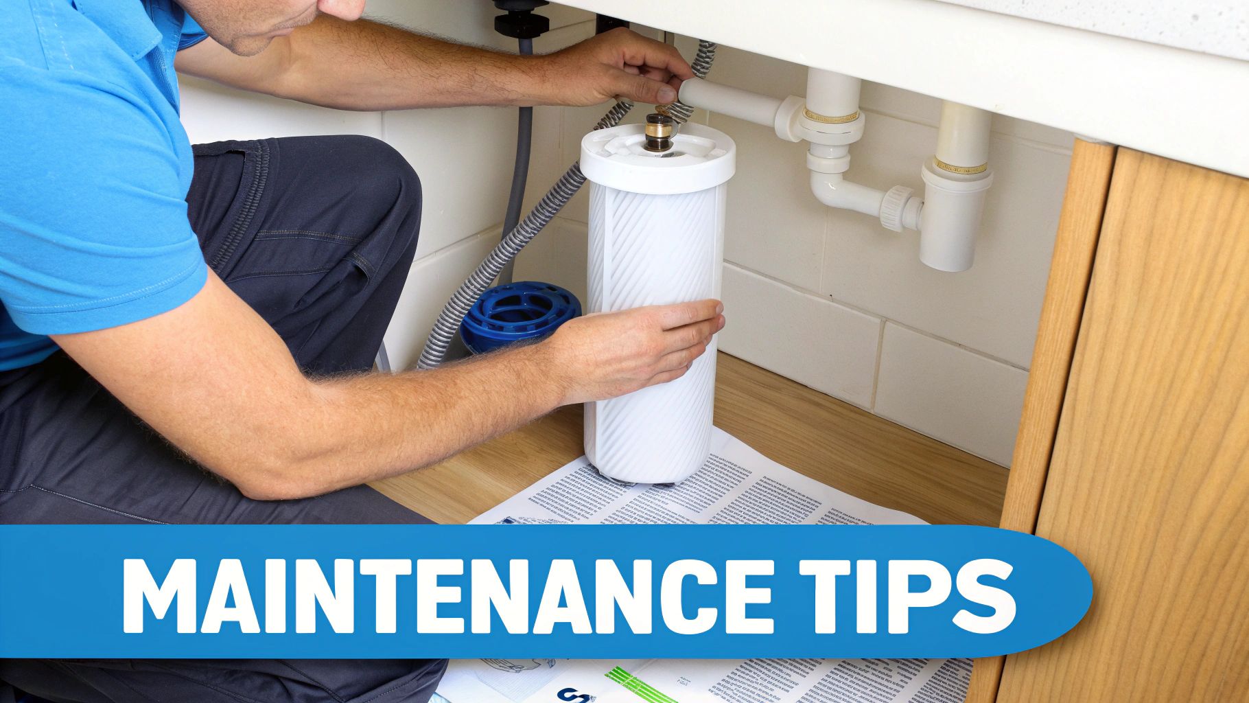 A person installing or maintaining a white water filter under a kitchen sink with 'MAINTENANCE TIPS' overlay.