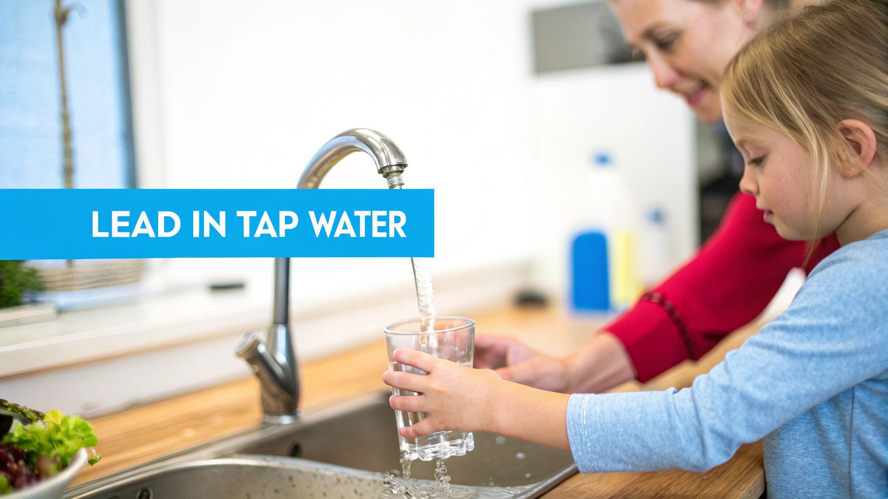 A young girl fills a glass with water from a kitchen tap, with a banner stating "LEAD IN TAP WATER".