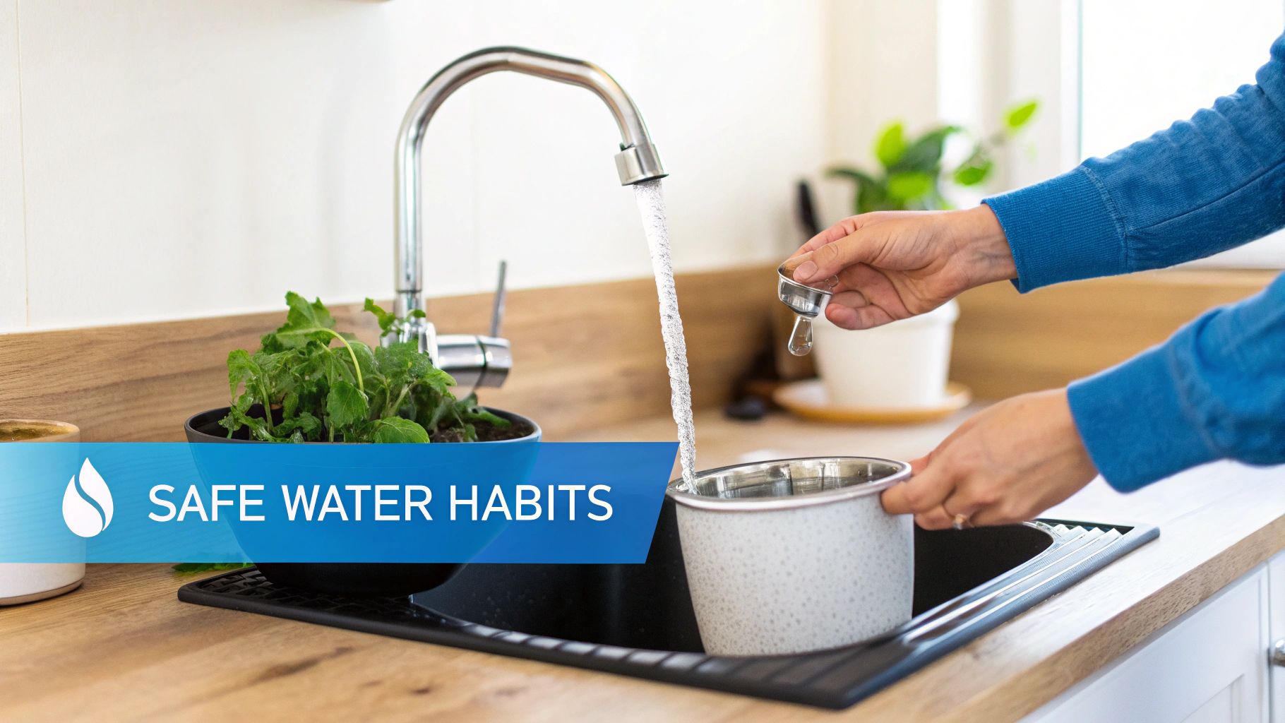 A person's hands filling a pot with water from a kitchen tap, promoting safe water habits.