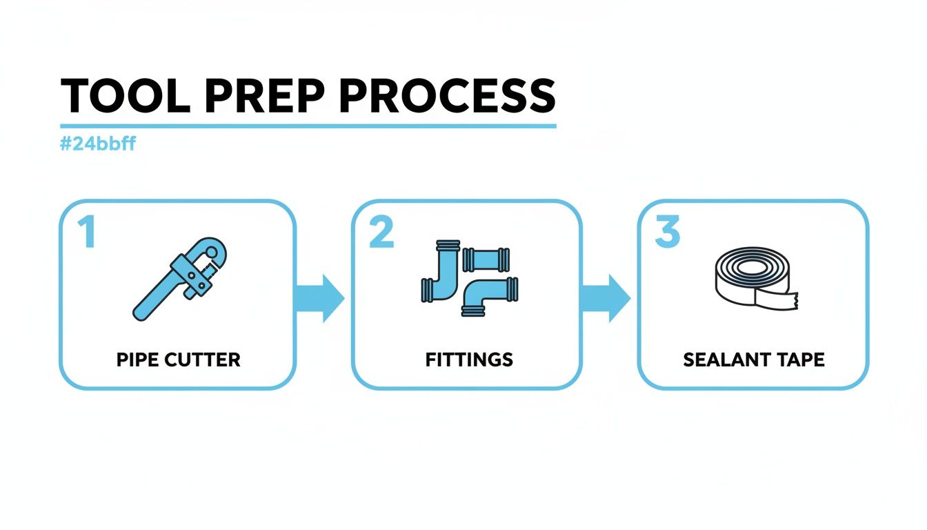 A diagram illustrating three steps for tool preparation: pipe cutter, fittings, and sealant tape.
