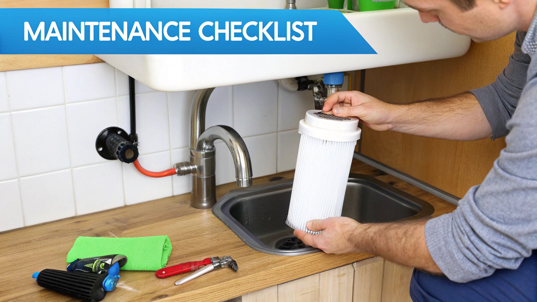 A man replaces a water filter cartridge under a kitchen sink, with tools on the counter.