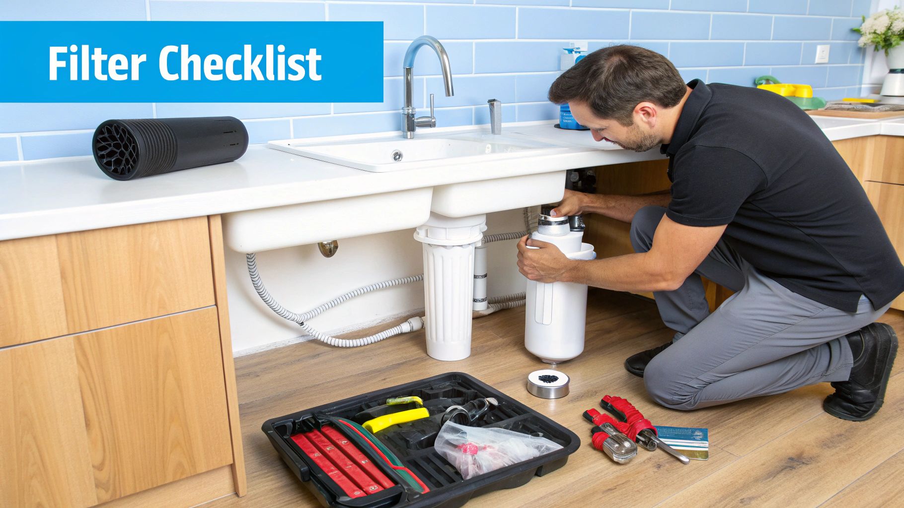 A man installs a water filter under a kitchen sink with tools laid out.