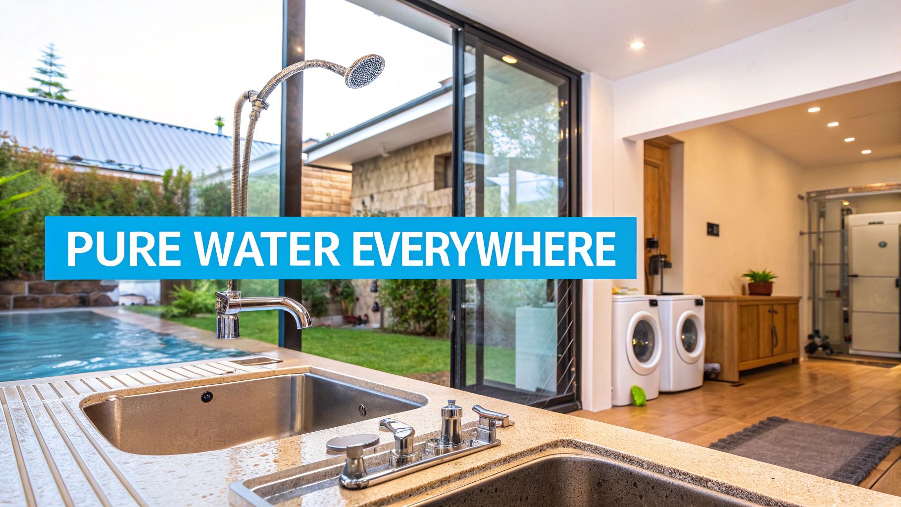 Modern kitchen sink, laundry, and backyard pool with 'PURE WATER EVERYWHERE' banner, suggesting a whole-house filtration system.