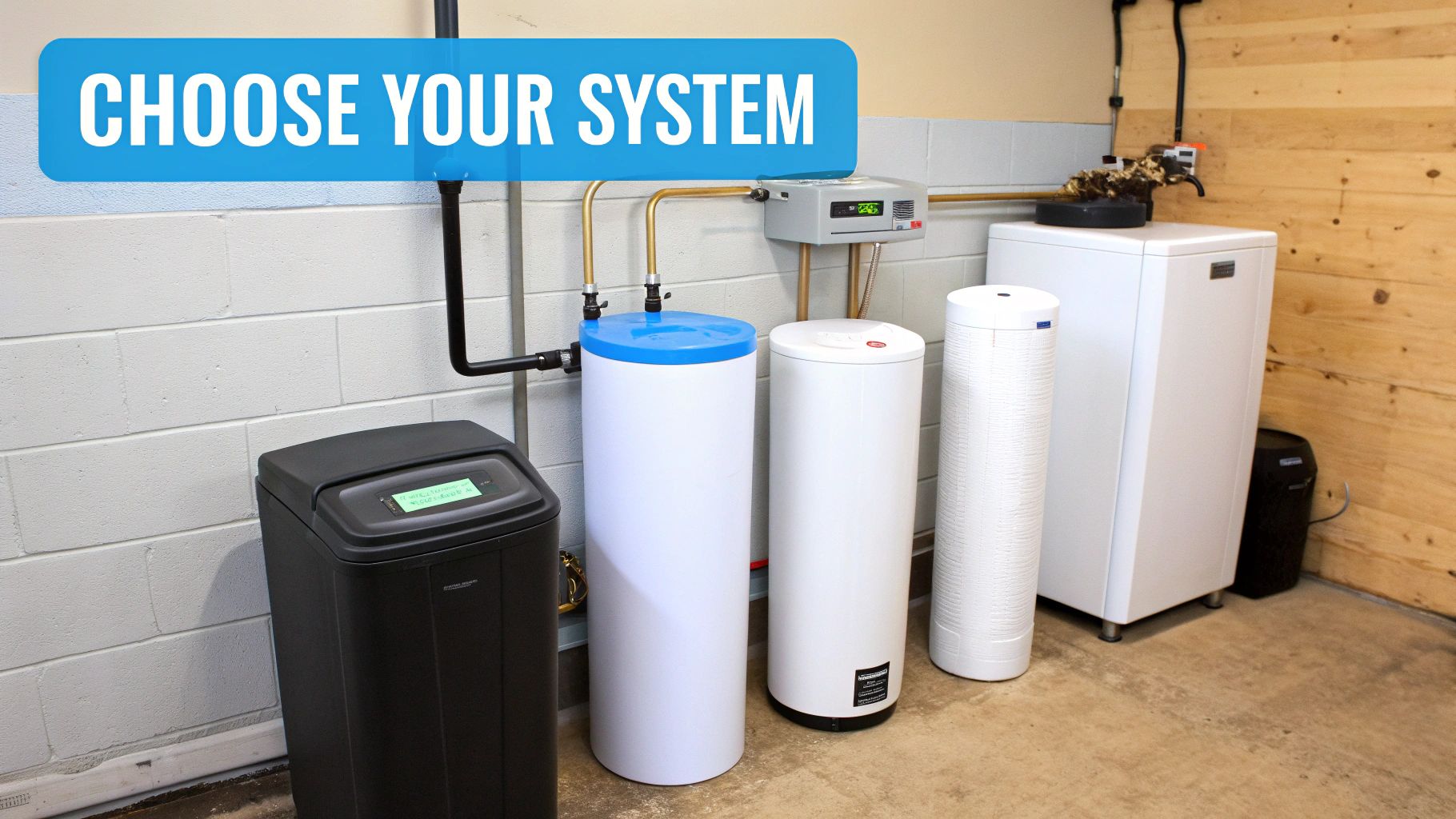 Multiple water treatment systems, including softeners and filters, arranged in a utility room.