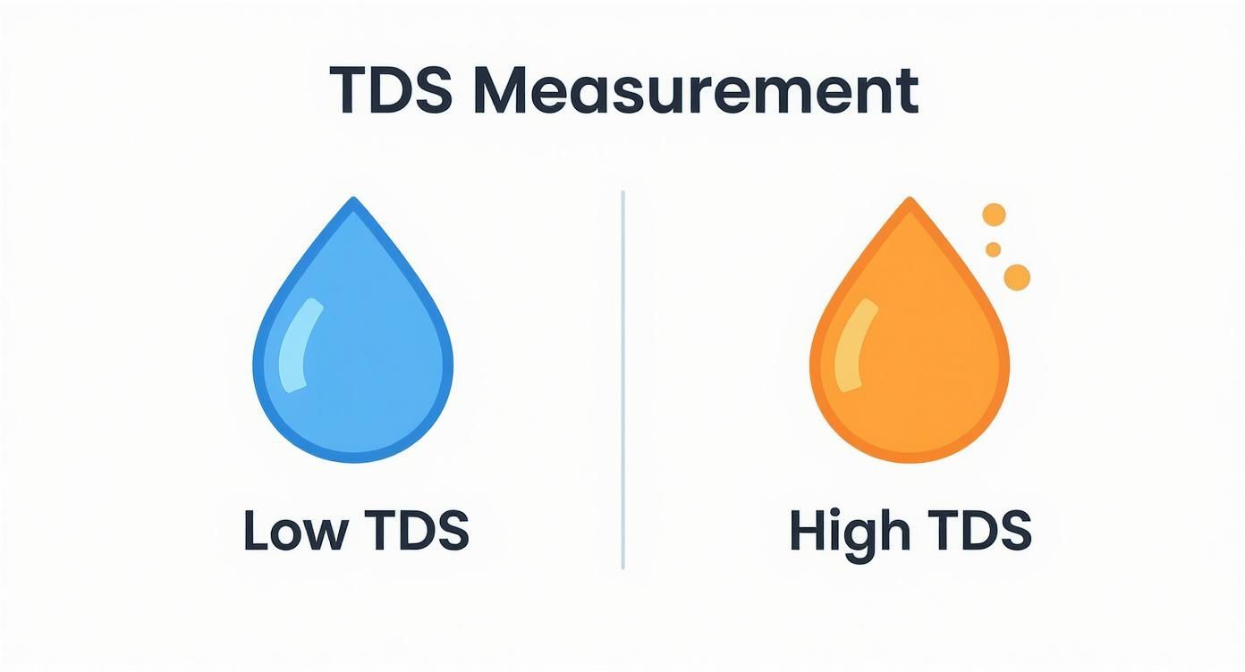 Illustration comparing a blue water drop labeled 'Low TDS' with an orange drop labeled 'High TDS' indicating water quality.