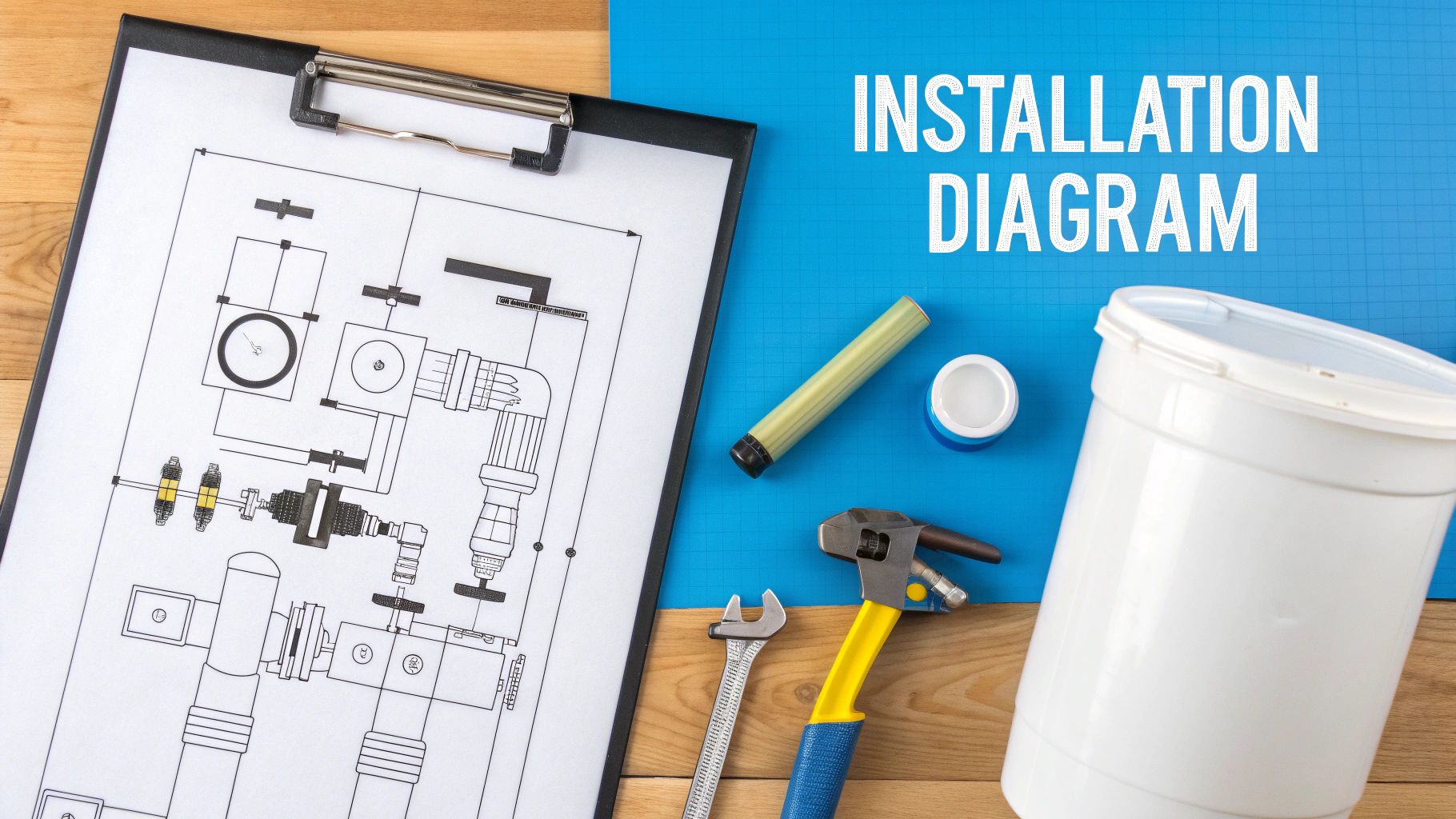 A detailed installation diagram on a clipboard with plumbing tools and a large white bucket, on a blue grid background.