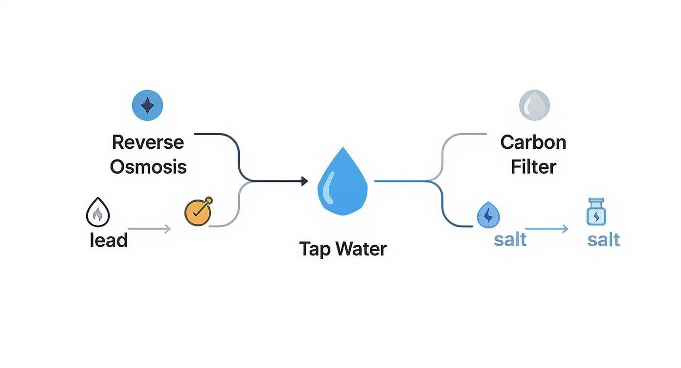 Diagram illustrating water filtration methods: Reverse Osmosis removing lead and Carbon Filter removing salt from tap water.