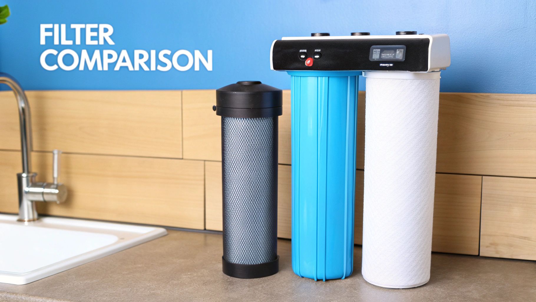 A side-by-side comparison of different whole house water filtration systems installed on a wall.