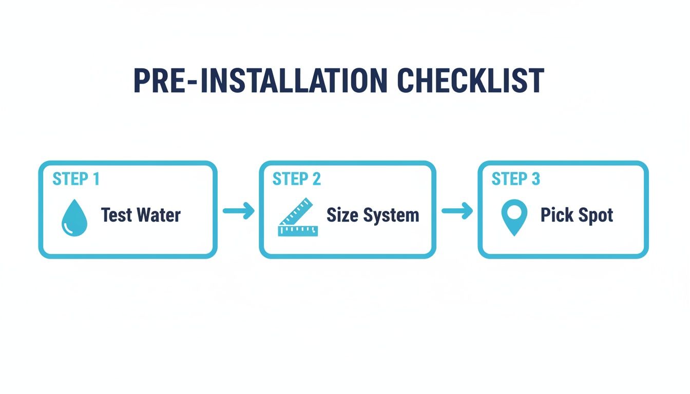 A pre-installation checklist for a water system, outlining three steps: Test Water, Size System, and Pick Spot.