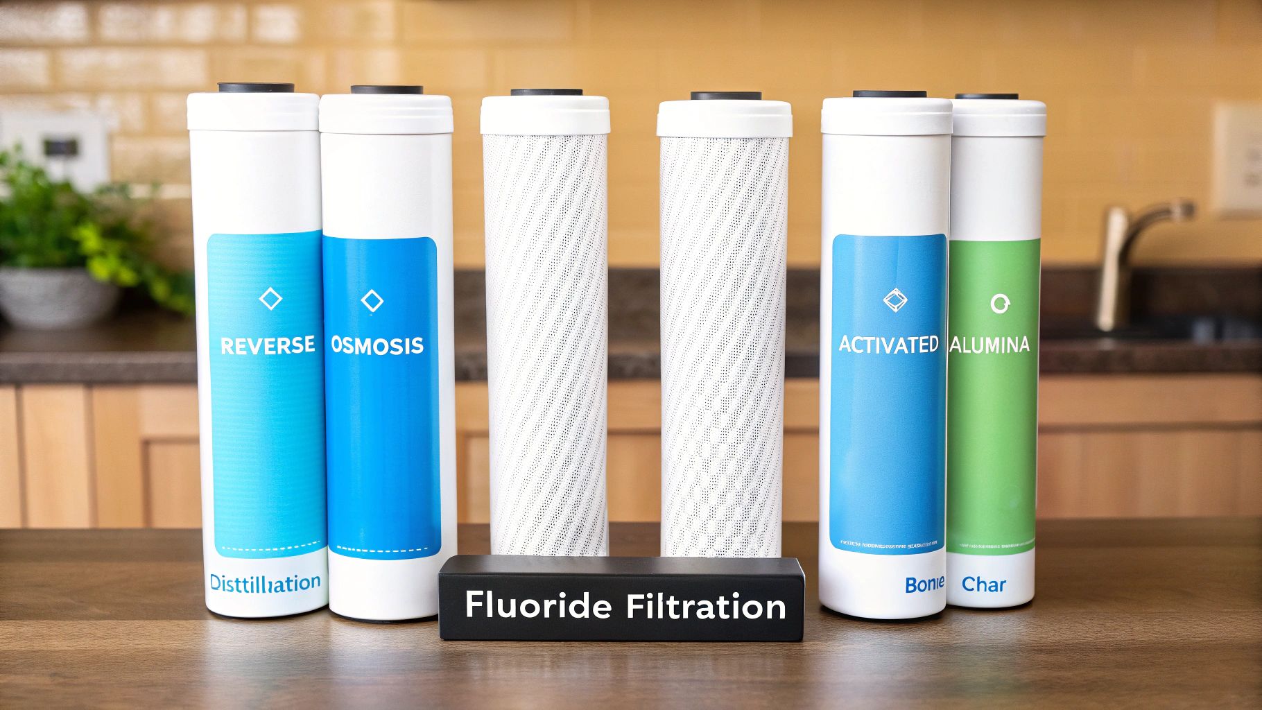 A collection of water filtration systems, including reverse osmosis and bone char, labeled for fluoride removal.
