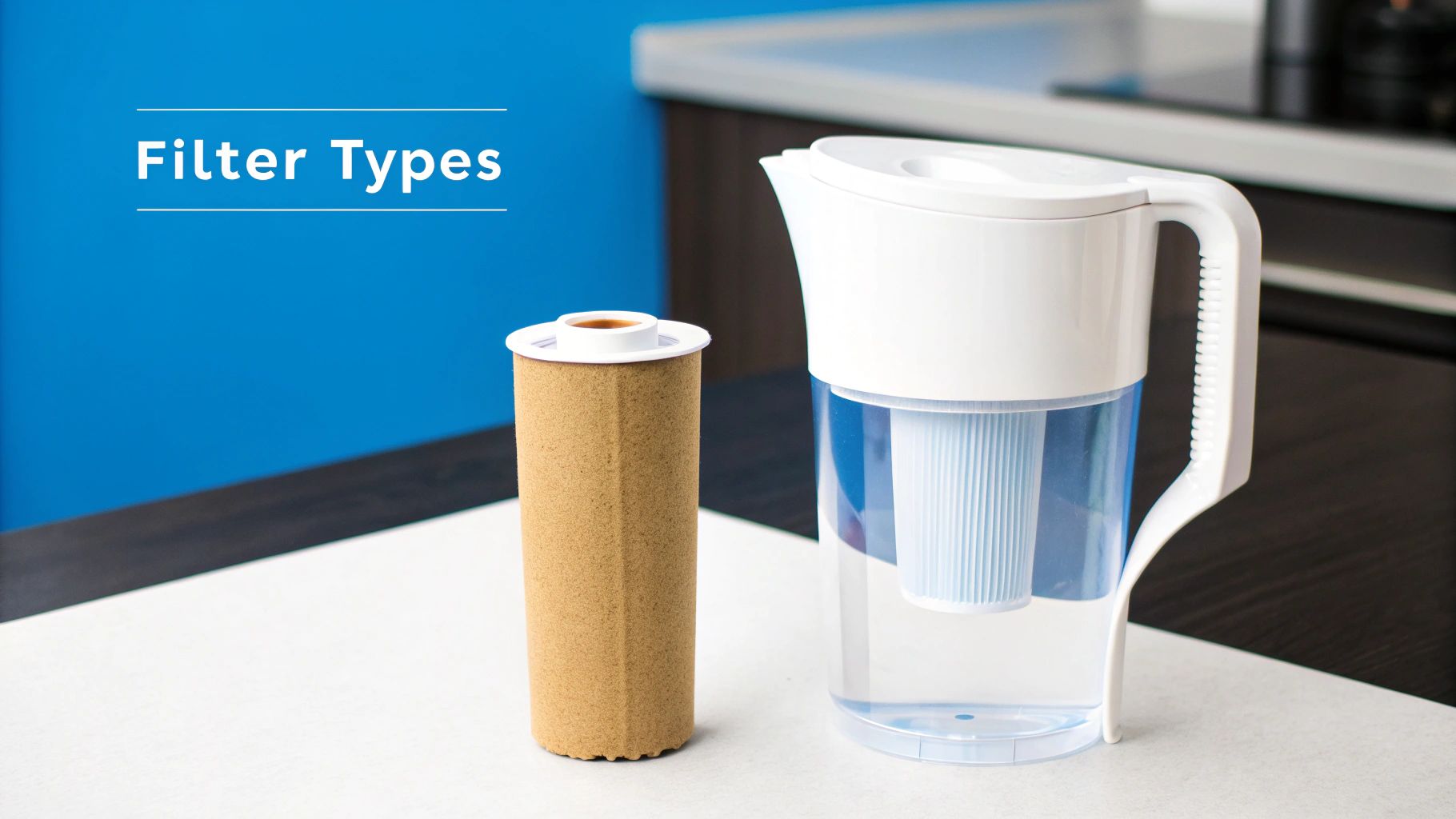 Two types of water filtration systems displayed side by side showing filter cartridge and pitcher