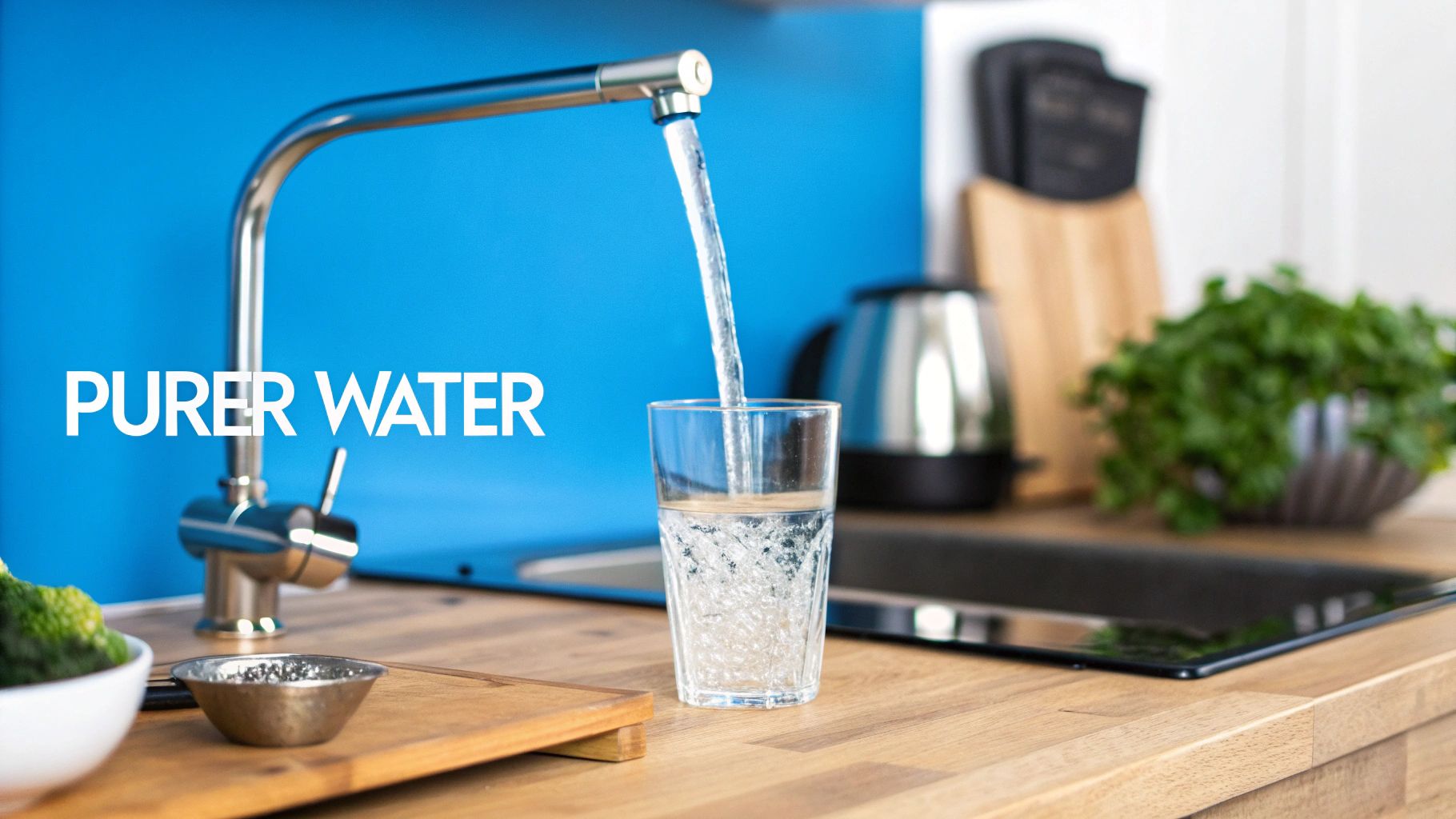 Modern kitchen faucet with water filter pouring clean purified water into glass