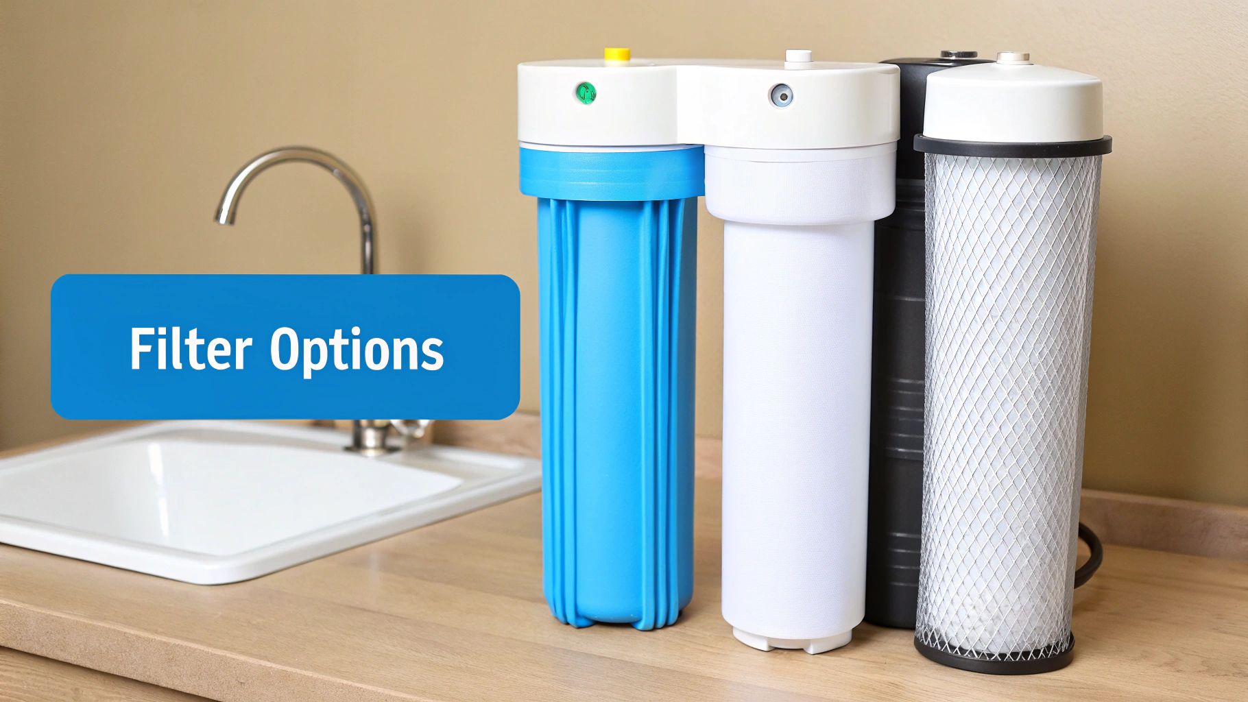 Various water filter options, including blue, white, and black units, displayed on a kitchen counter next to a sink, with an overlay text 'Filter Options'.