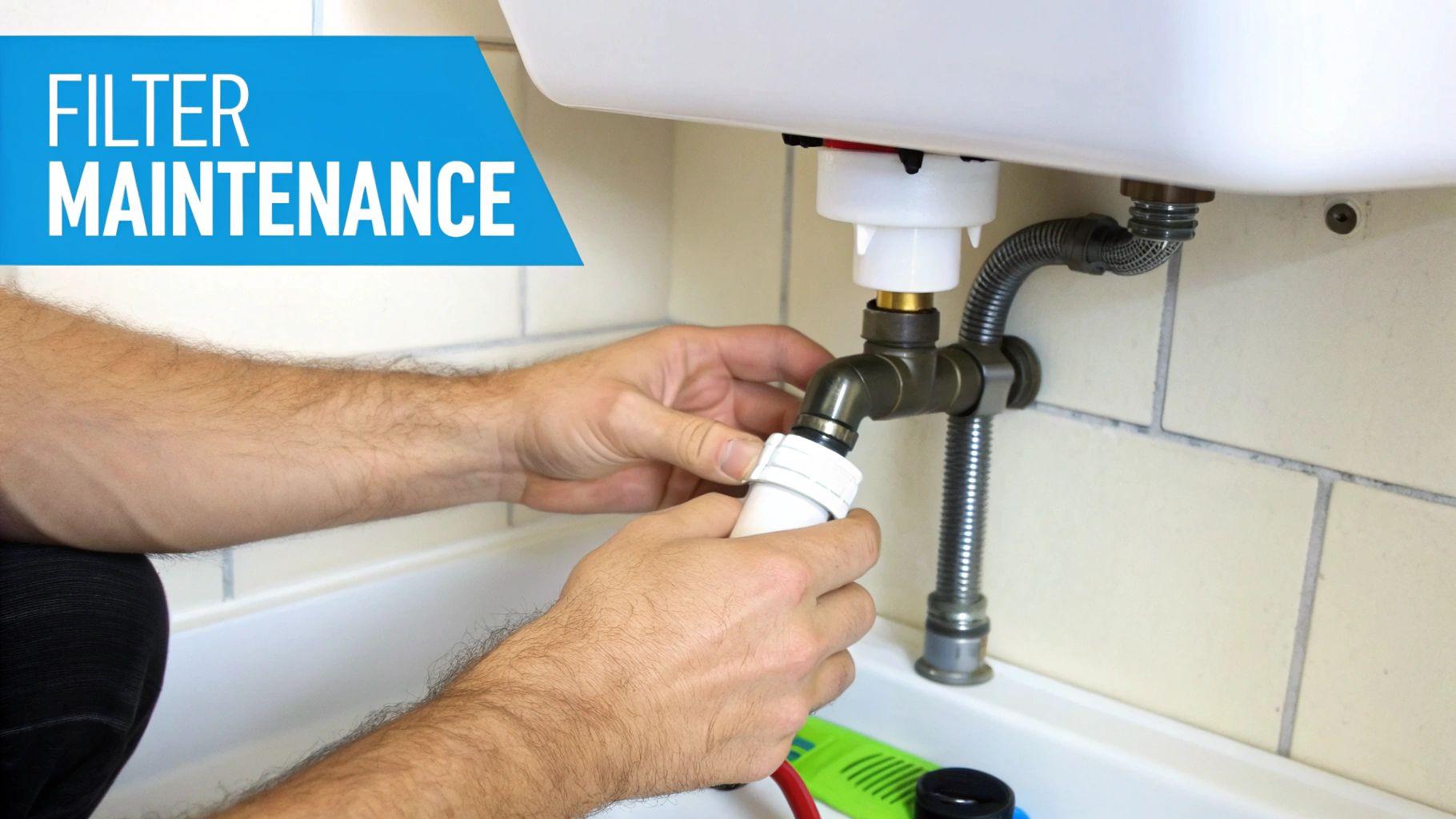 A person marking the installation date on a new inline water filter.