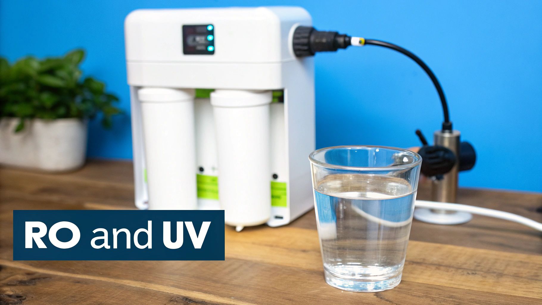Reverse osmosis water filtration system with UV light purifier and glass of filtered water